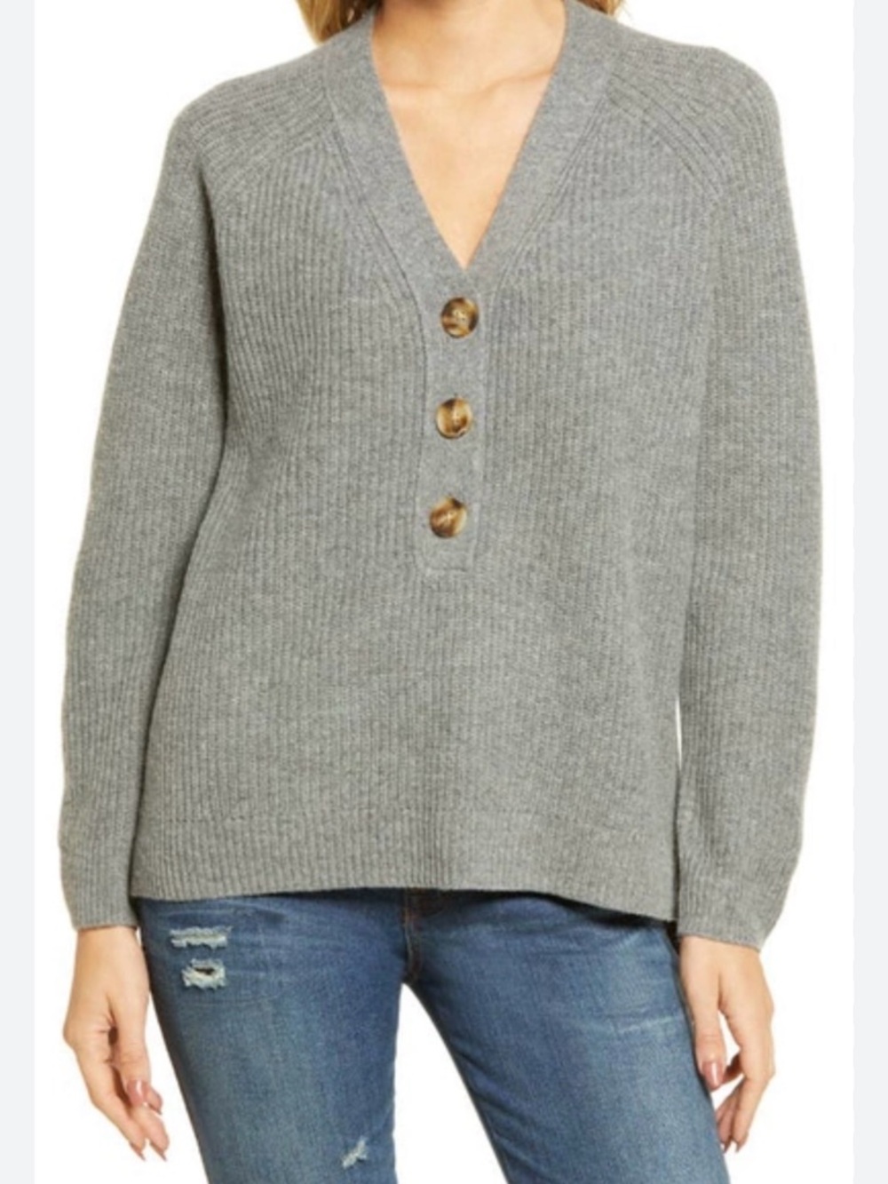 Madewell Lyle Rib Henley Sweater in heather grey.